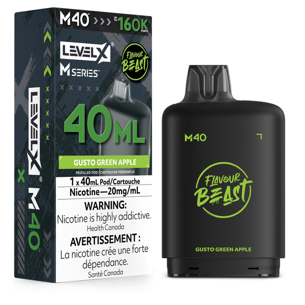 Flavour Beast Level X M Series 160K Gusto Green Apple 40mL pod only, battery sold separately, available at Ace Vapes Canada and Windsor.