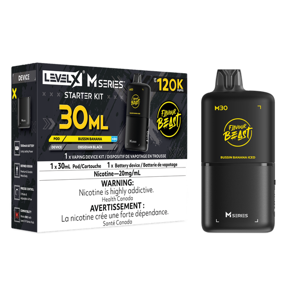 Flavour Beast Level X M Series 120K Bussin Banana Starter Kit with 30mL pod and battery available at Ace Vapes Canada and Windsor.