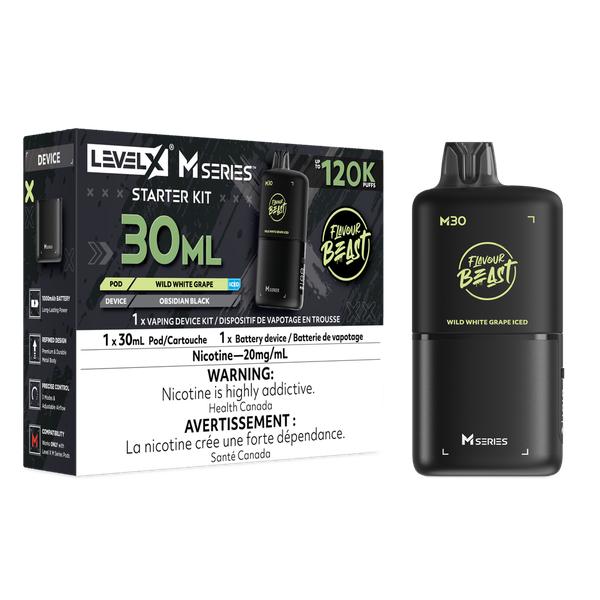 Flavour Beast Level X M Series 120K Wild White Grape Starter Kit with 30mL pod and battery available at Ace Vapes Canada and Windsor.