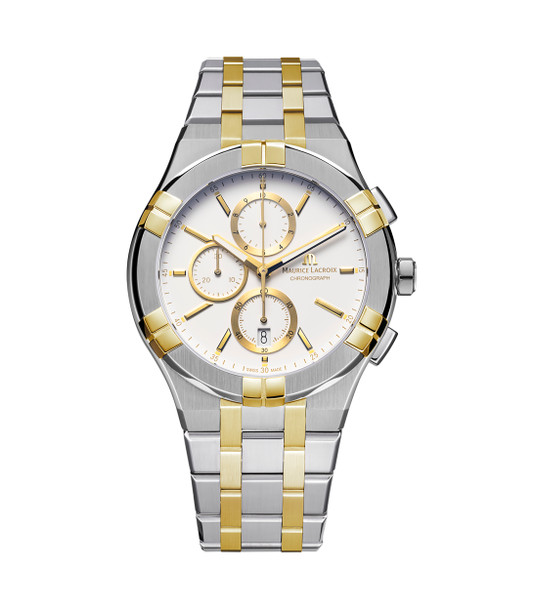 Maurice Lacroix Aikon Quartz Chronograph 42 White Dial Watch | Stainless Steel & Yellow Gold-PVD