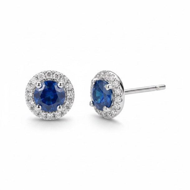 Blue Sapphire (0.50tw) & Diamond (0.11tw) Halo Stud Earrings