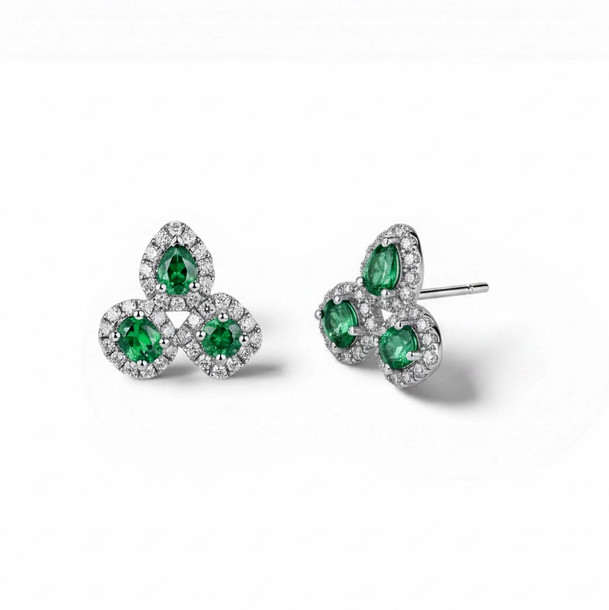 Trio Green Emerald & Diamond Stud Earrings