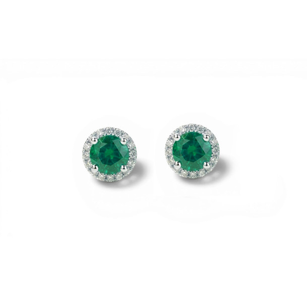 Green Emerald (0.80tw) & Diamond (0.15tw) Halo Stud Earrings