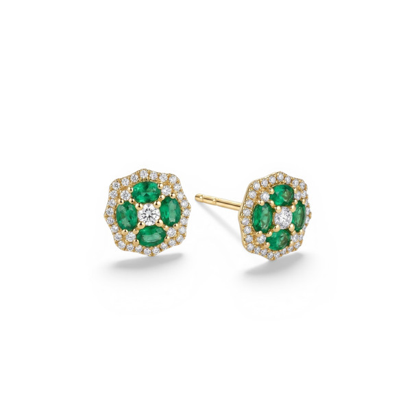 Green Emerald Cluster & Diamond Stud Earrings
