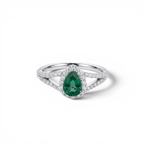 Green Emerald & Diamond Halo Split Ring