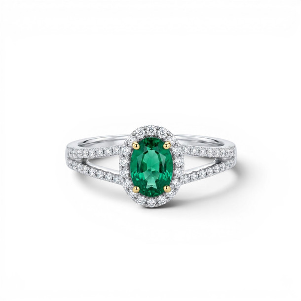 Green Emerald & Diamond Halo Split Ring