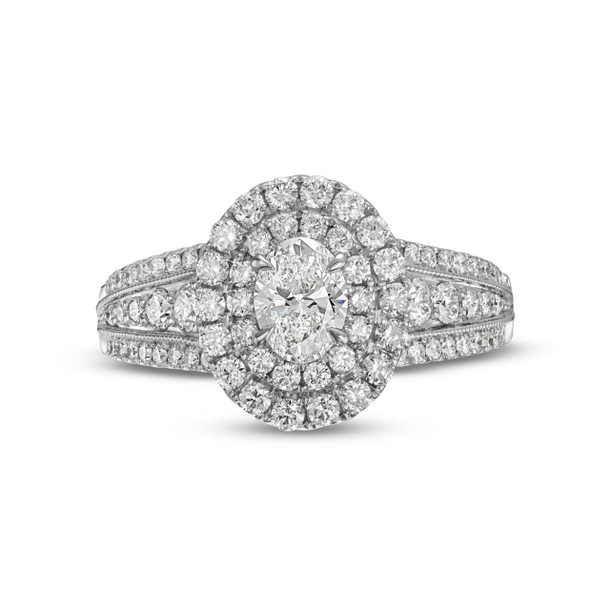Oval Diamond Double Halo Three Row Engagement Ring