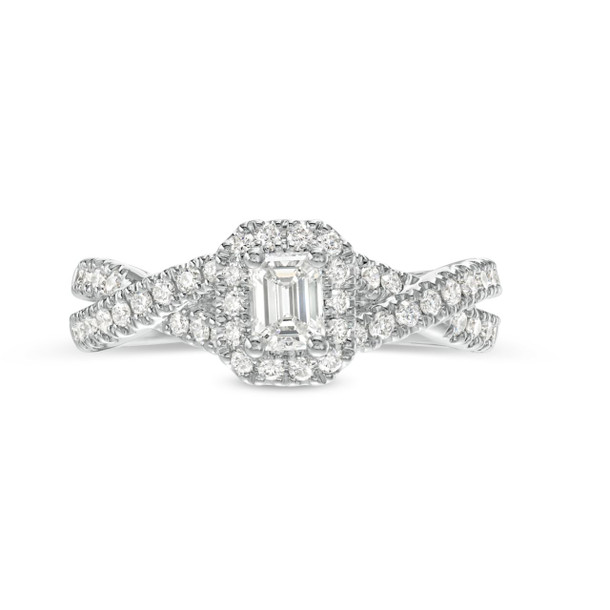 Emerald Diamond Halo Petite Twist Engagement Ring
