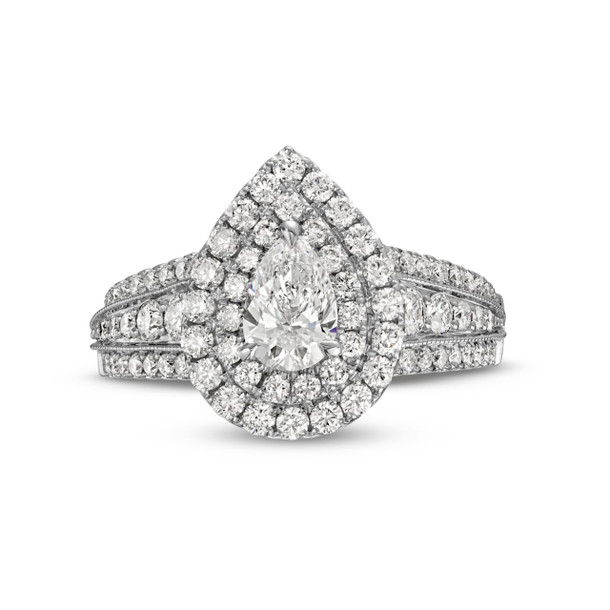 Pear Diamond Double Halo Three Row Engagement Ring