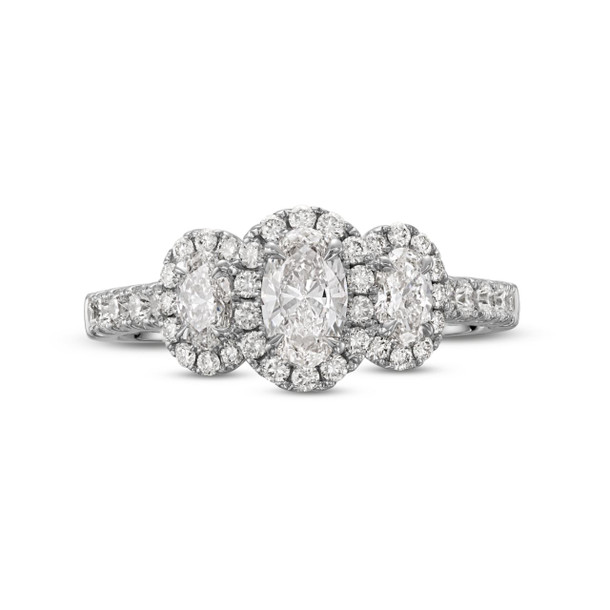 Oval Diamond Three Stone Halo Engagement Ring