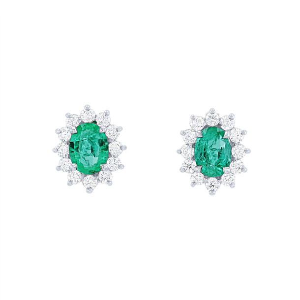 Green Emerald and Diamond Halo Stud Earrings