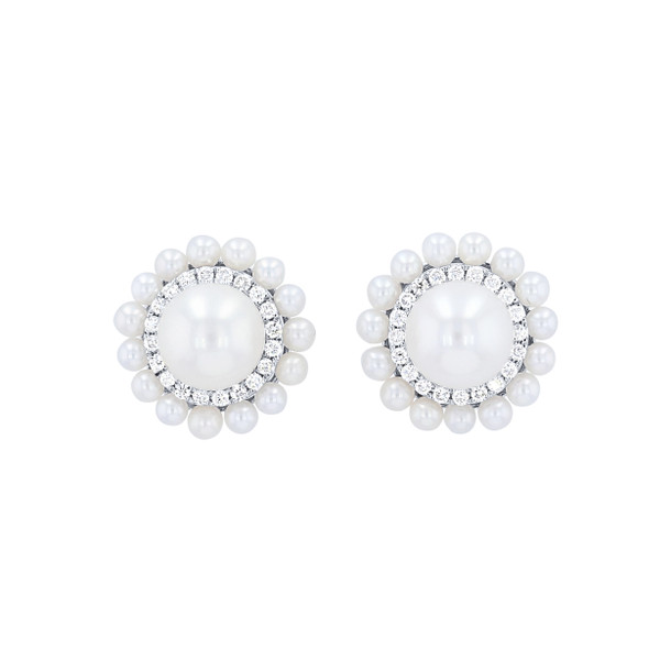 Double Halo Pearl and Diamond Stud Earrings