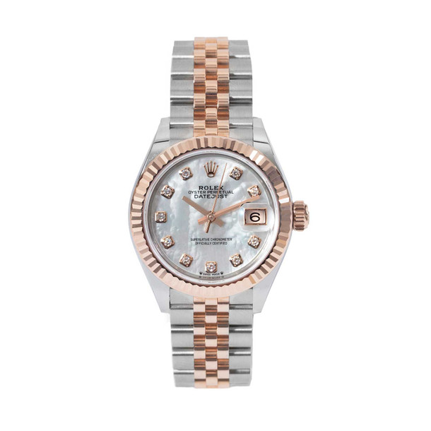 Rolex Lady-Datejust 28 White Mother of Pearl Diamond Set Dial Watch | Oystersteel & Rose Gold