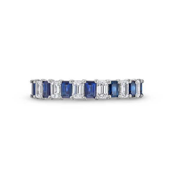 Blue Sapphire and Diamond Emerald Cut 1/2 Way Wedding Band