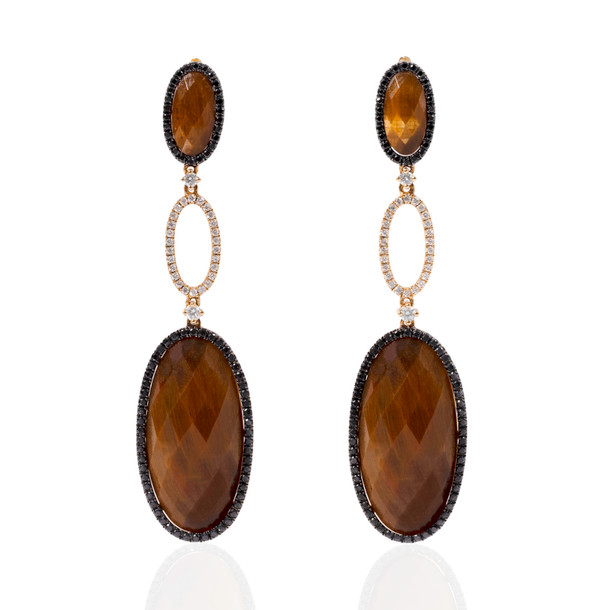 Tiger Eye Halo Black Diamond Earrings