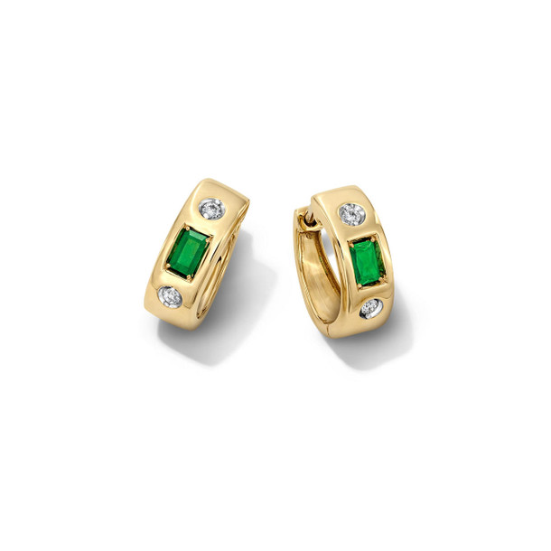 Green Emerald & Diamond Yellow Gold Huggie Earrings