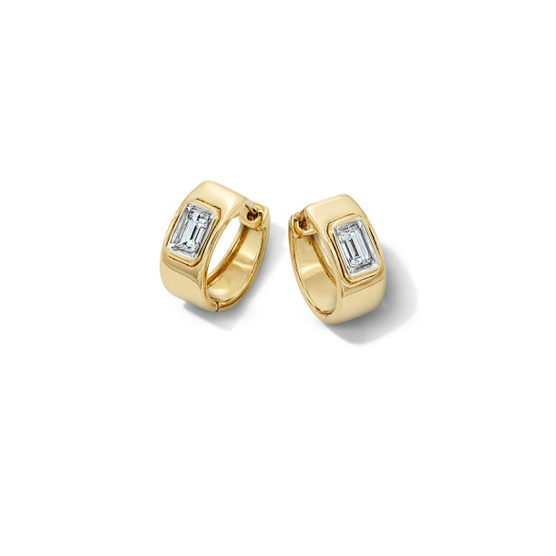 Baguette Bezel Diamond Yellow Gold Huggie Earrings