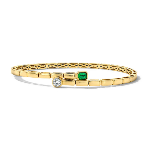 Green Emerald & Round Diamond Bezel Gold Flexible Bracelet