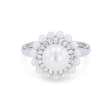 Double Halo Pearl and Diamond Ring