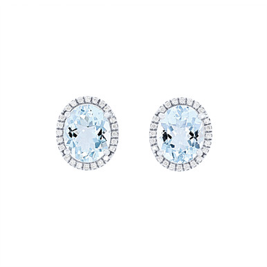 Oval Aquamarine and Diamond Halo Stud Earrings