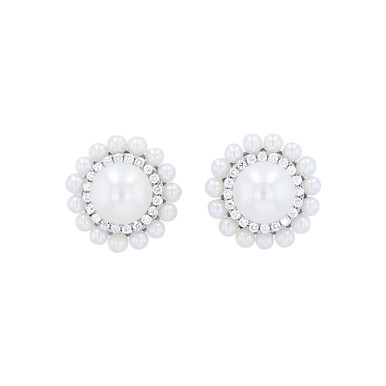 Double Halo Pearl and Diamond Stud Earrings