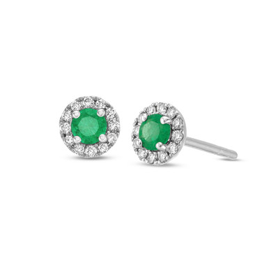 Round Emerald And Diamond Halo Stud Earrings
