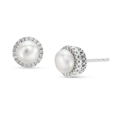 Freshwater Pearl and Diamond Halo Stud Earrings