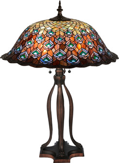 Tiffany Peacock Feather Three Light Table Lamp in Mahogany Bronze (57|28504)