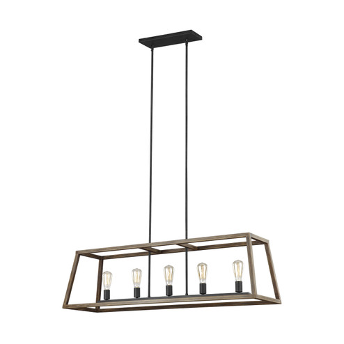 Gannet Five Light Linear Chandelier in Weathered Oak Wood / Antique Forged Iron (454|F31935WOWAF)