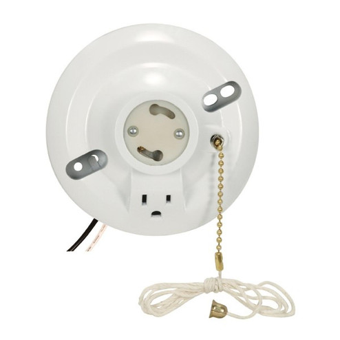 On-Off Pull Chain Ceiling Receptacle With Grounded Outlet in White (230|902484)