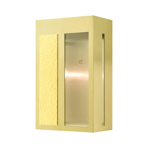 Lafayette One Light Outdoor Wall Lantern in Satin Brass w/ Hammered Polished Brass Panels (107|2741312) Lafayette One Light Outdoor Wall Lantern in Satin Brass w/ Hammered Polished Brass Panels (107|2741312)