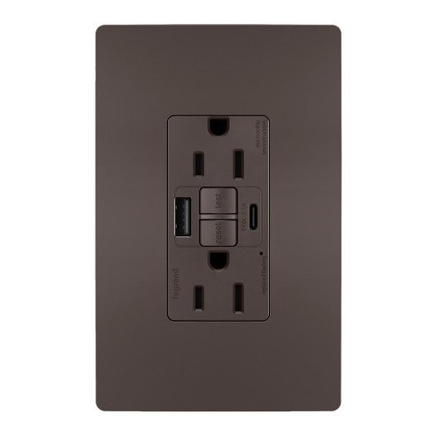 radiant Tamper-Resistant 15A Duplex Self-Test GFCI Receptacles with SafeLock Protection, USB Type A/C in Brown (246|1597TRUSBAC)