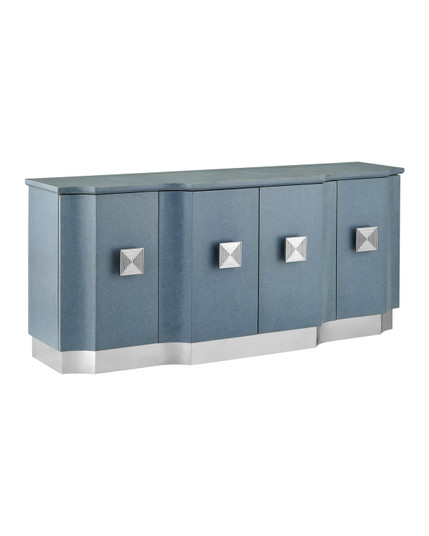 Maya Collection Credenza in Lacquered Blue Linen/Washed Mahogany/Polished Stainless Steel (142|30000281)