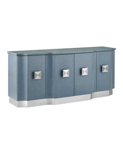 Maya Credenza in Lacquered Blue Linen/Washed Mahogany/Polished Stainless Steel (142|30000281)