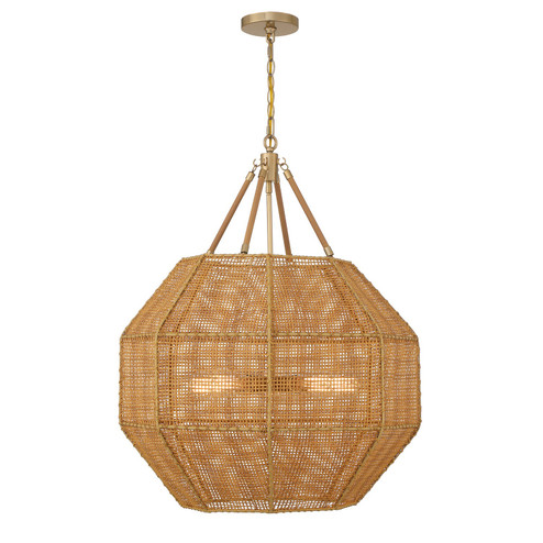 Selby Five Light Pendant in Burnished Brass and Rattan (51|751065177)