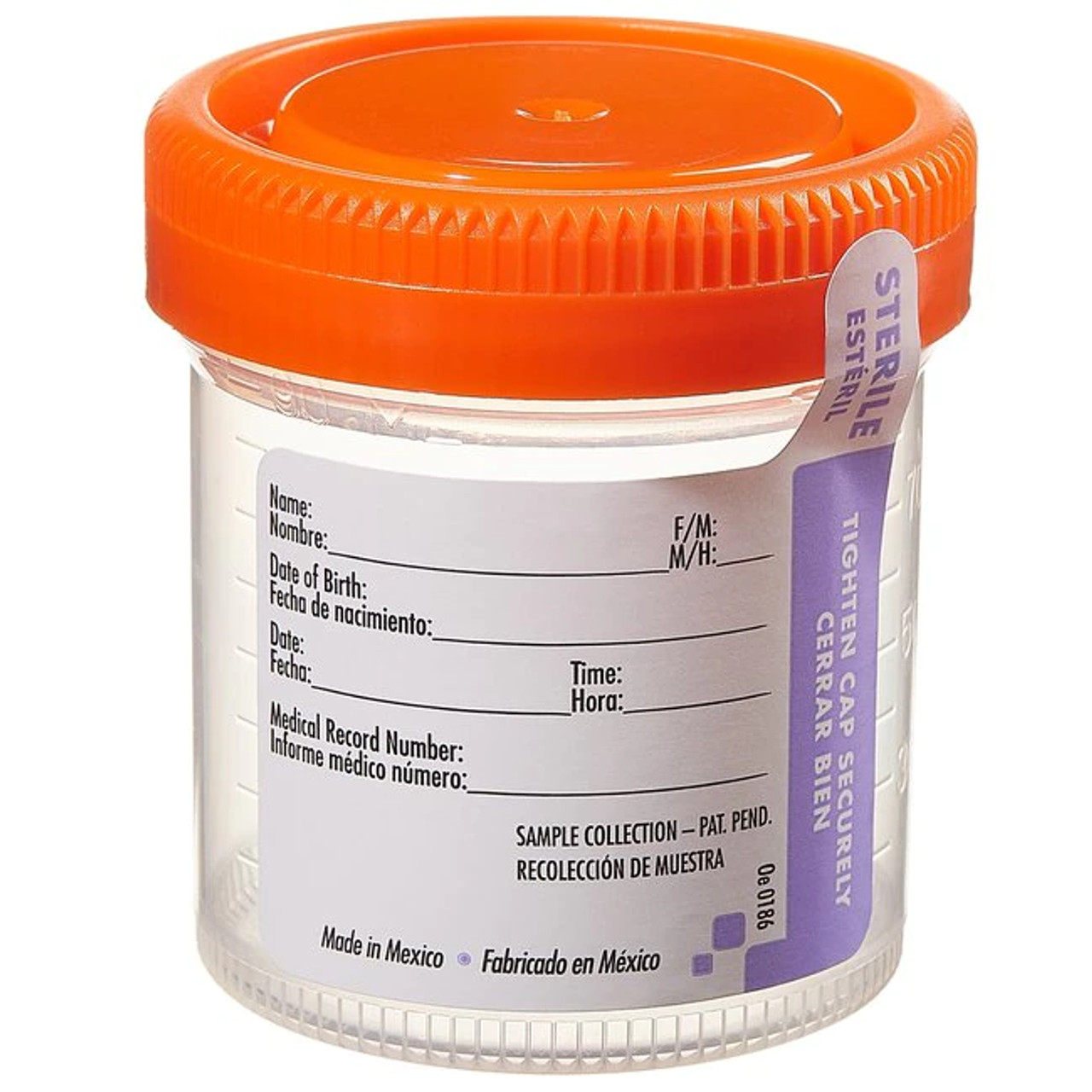 Collection Container 90mL x 53mm Sterile Labeled Orange Cap 100/Bag, 400/Case
