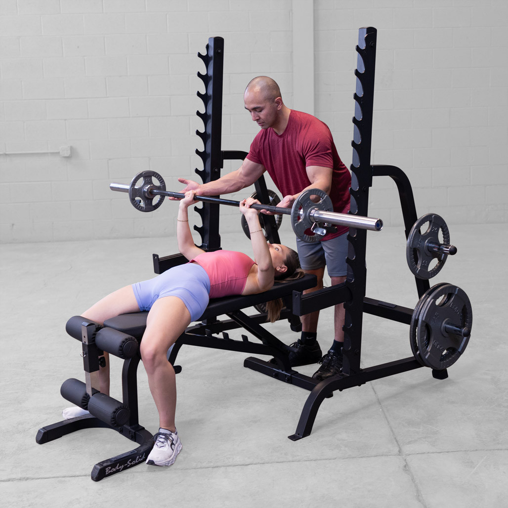 ② 状態良好 BodySolid マルチプレスステーション・スクワットラック+BodySolidオリンピックプレートツリー＋FitElite オリンピックプレート(オールラバー仕様) 計175KG＋オリンピックバー(長さ約220cm) 手渡し希望/自社配送可能（配送エリアについてお問い合わせください) Body-Solid 2