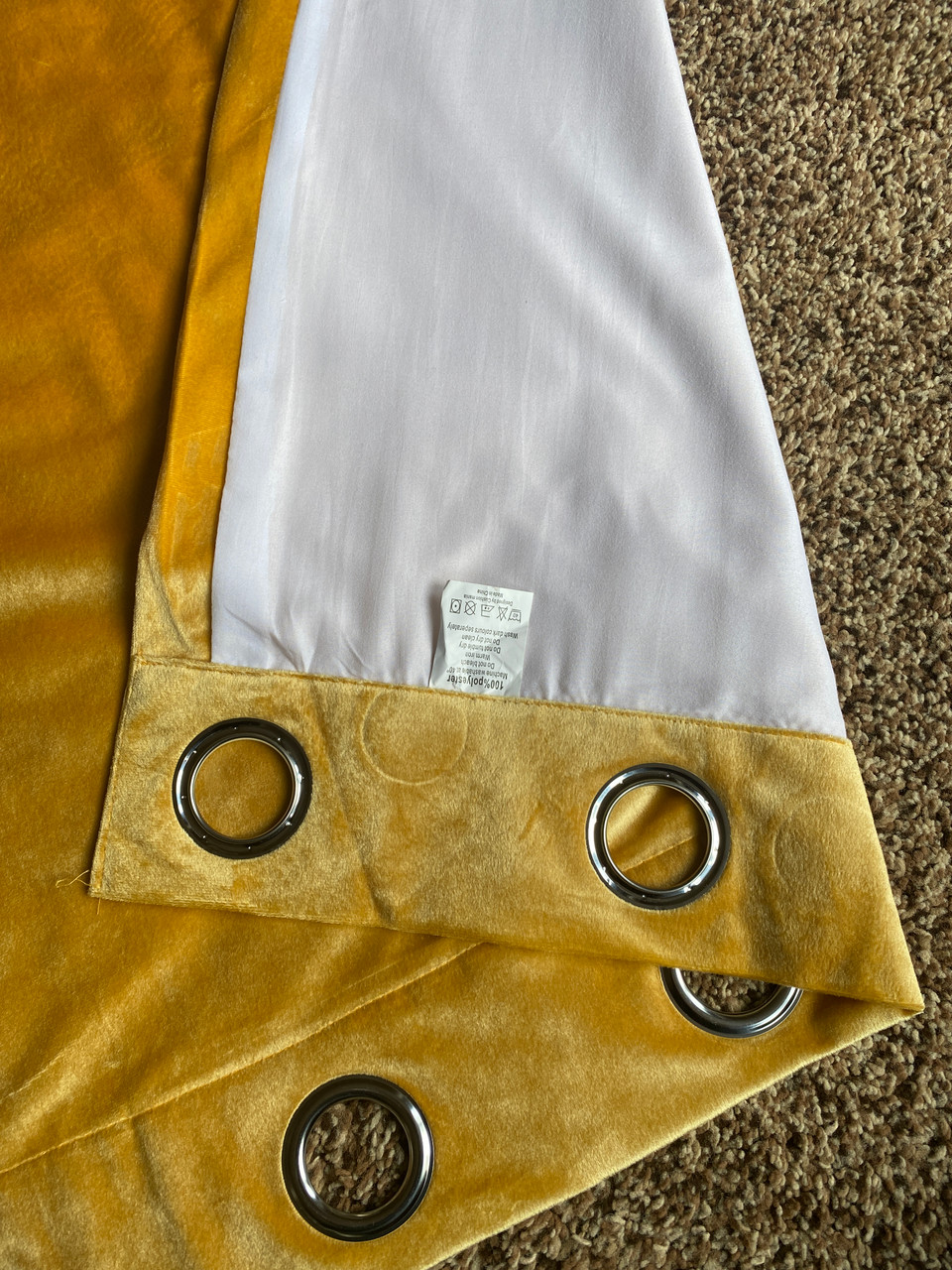 Ring Top Plush Velvet Eyelet Curtains 2 tone Mustard Yellow/Grey eyelets view