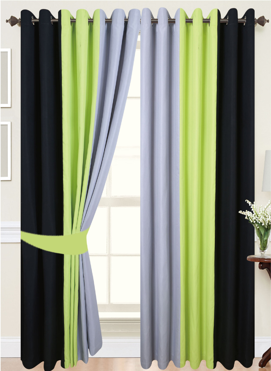 Eyelet curtains Ring Top Fully Lined Pair Ready made curtains 3 Tone Black Green Grey opened view