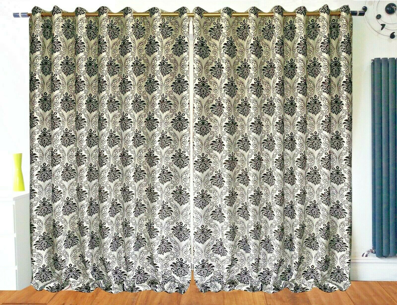 Eyelet Curtains Ring top Black White Flocked Damask Fully Lined Curtains 90"X90"