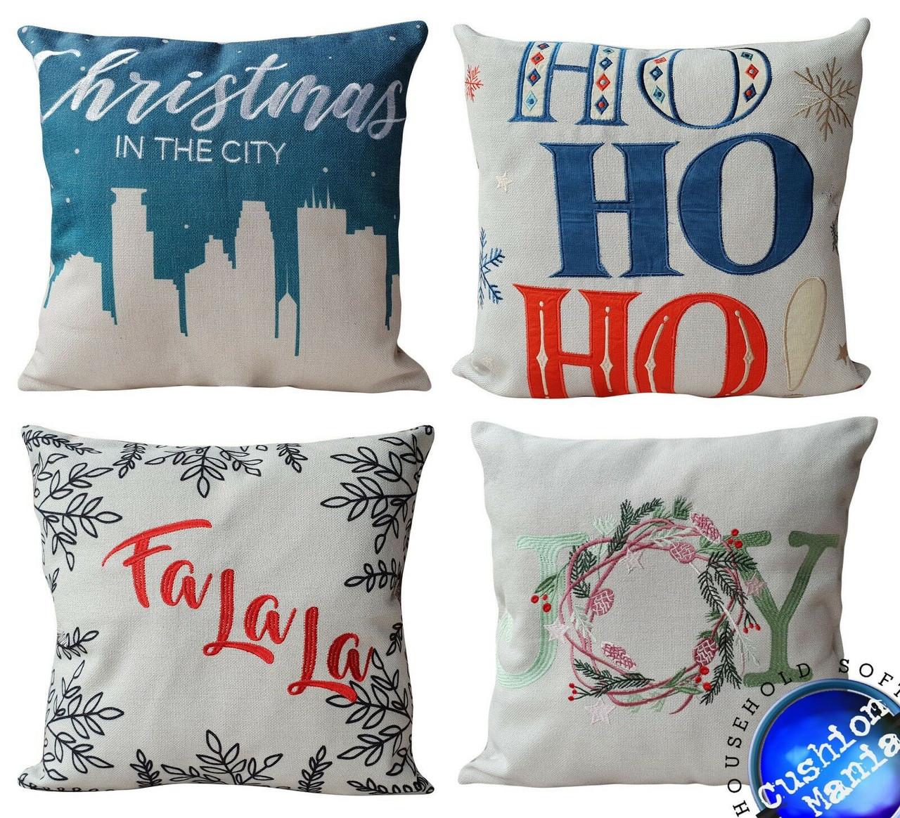 Christmas cushions Embroidered designs on both sides 18x18" Filled LIMITED EDITION