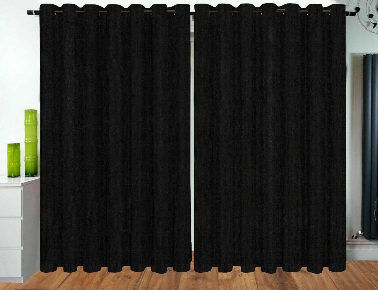 Curtains Eyelet Ring Top Lined Chenille Curtains Black