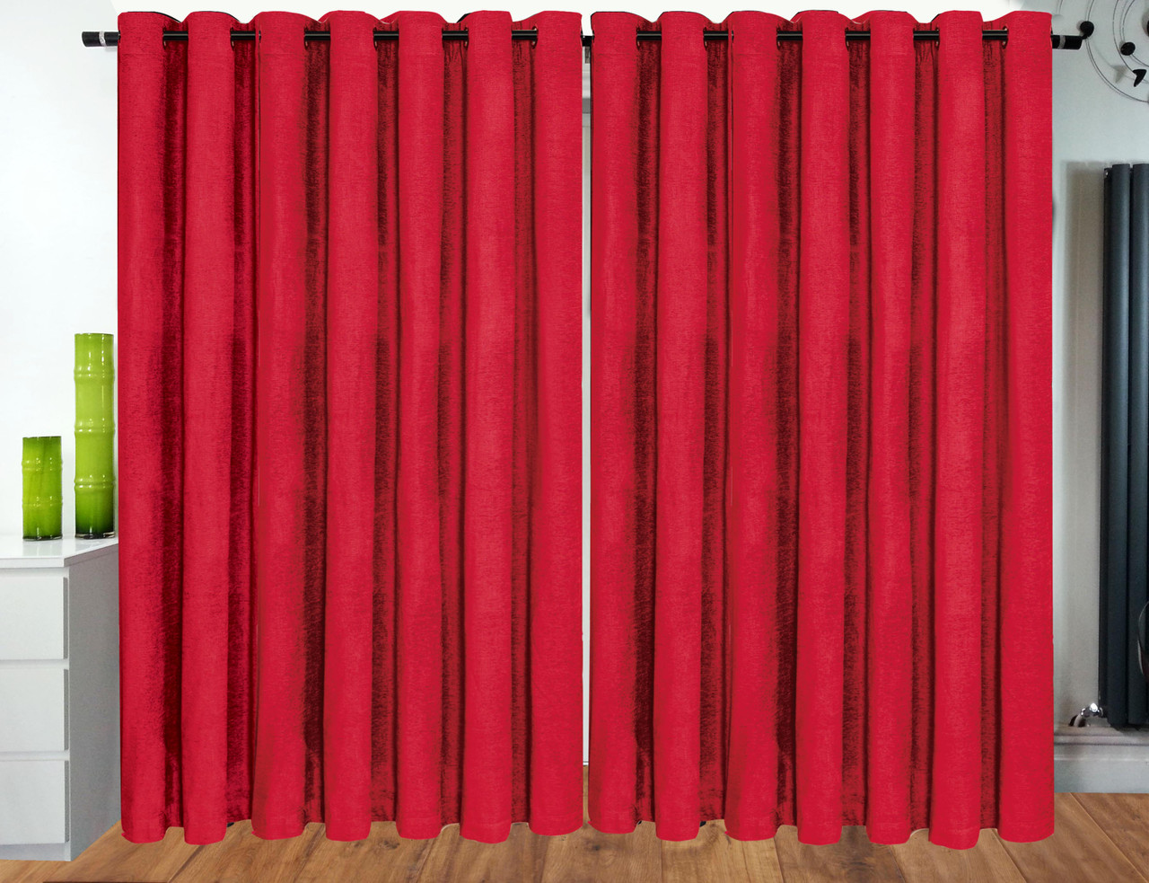 Curtains Eyelet Ring Top Ready Made fully Lined Designer Chenille Curtains RED