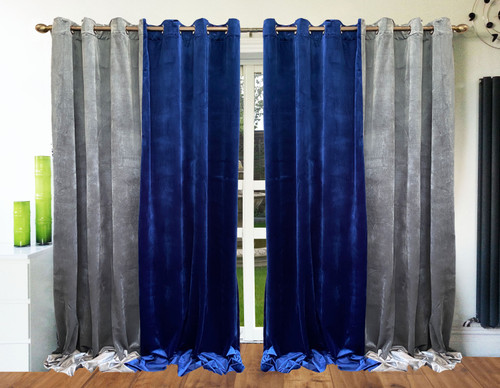 Plush Velvet Eyelet Curtains 2 tone Navy Blue grey