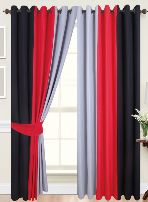 Eyelet curtains Ring Top Fully Lined Pair Ready made curtains 3 Tone Black/Red/Grey part opened view