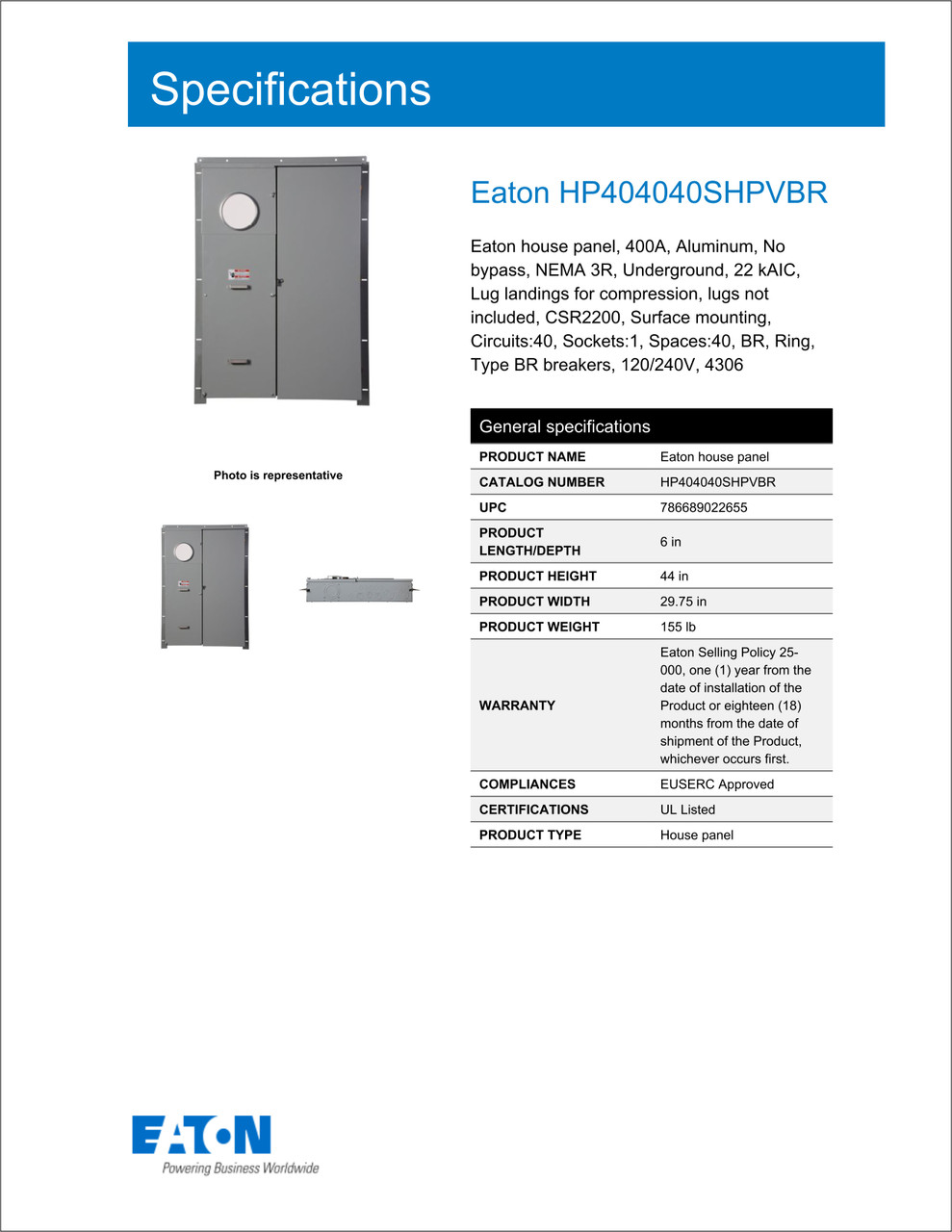 Solar Ready HP404040SHPVBR 400 Amp Meter Breaker House Panel with