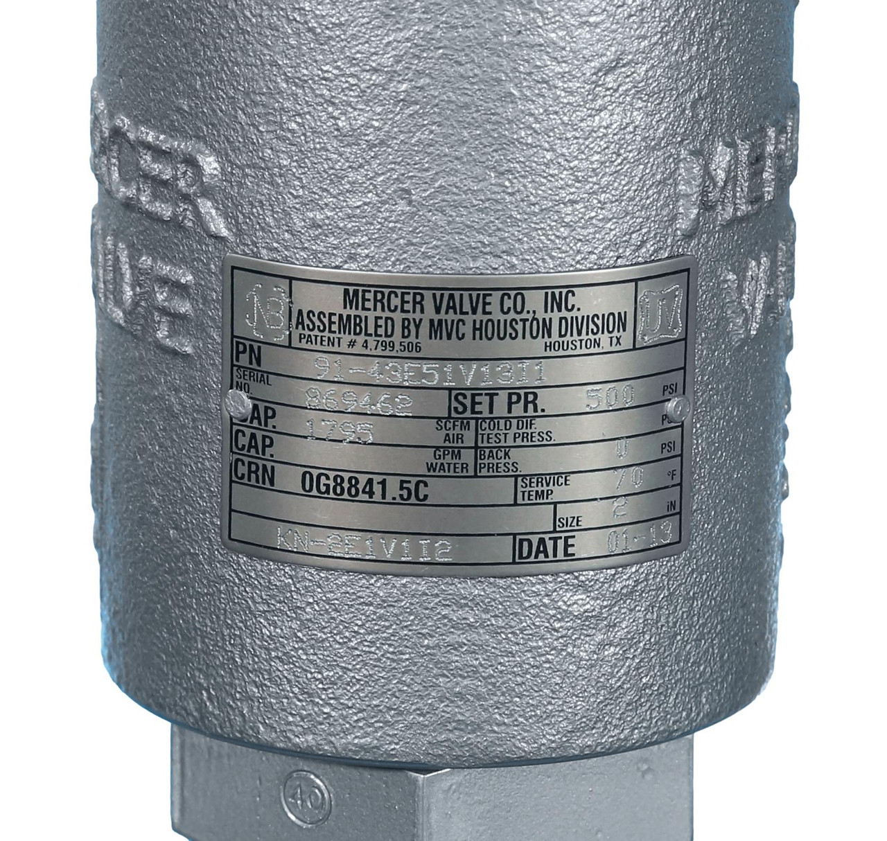 91-43E51V13I1
500 PSI Mercer Pressure Valve