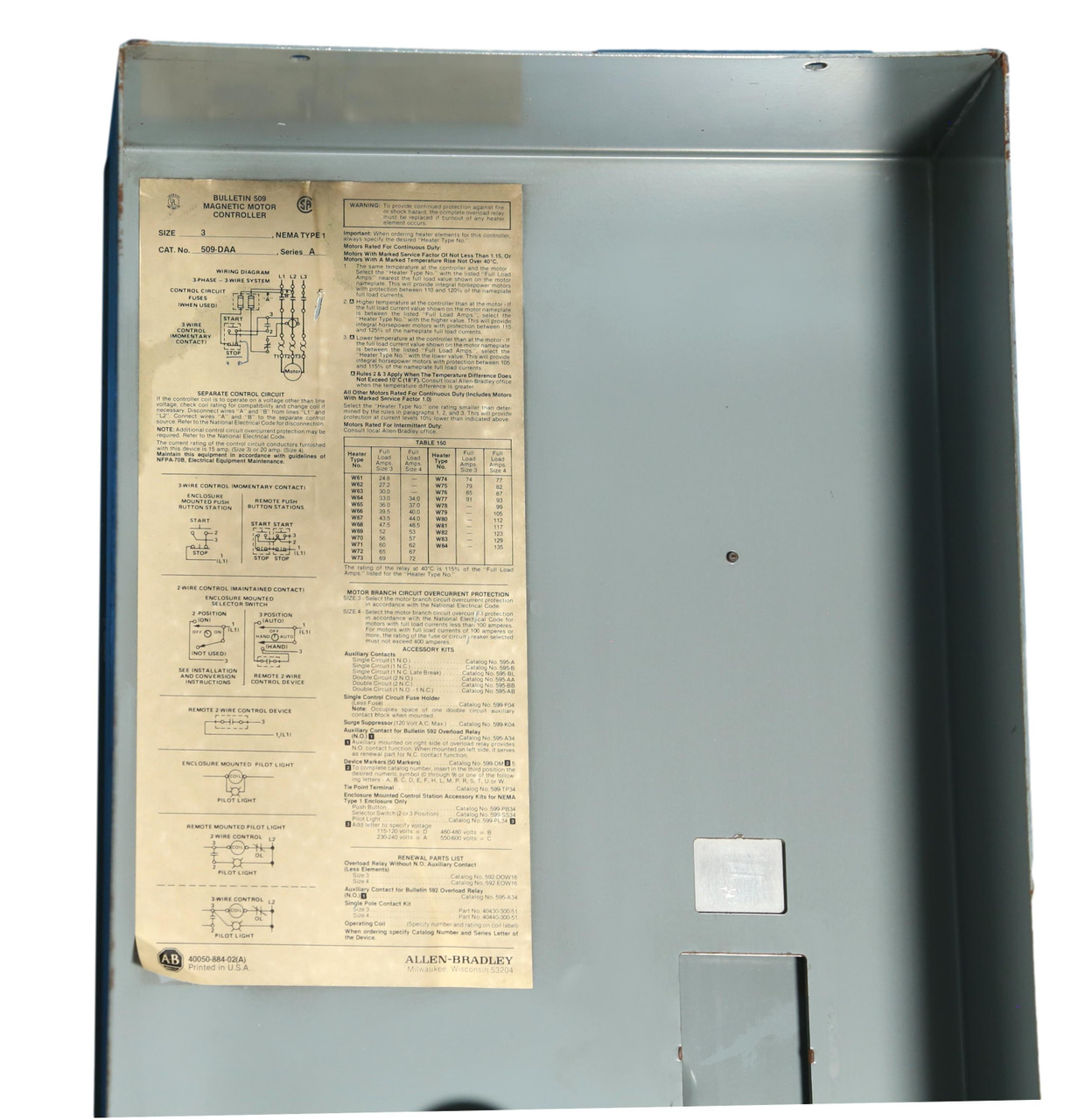 Used Size-3, 509 Size-3 Starter Indoor Enclosure unit, Allen-Bradley