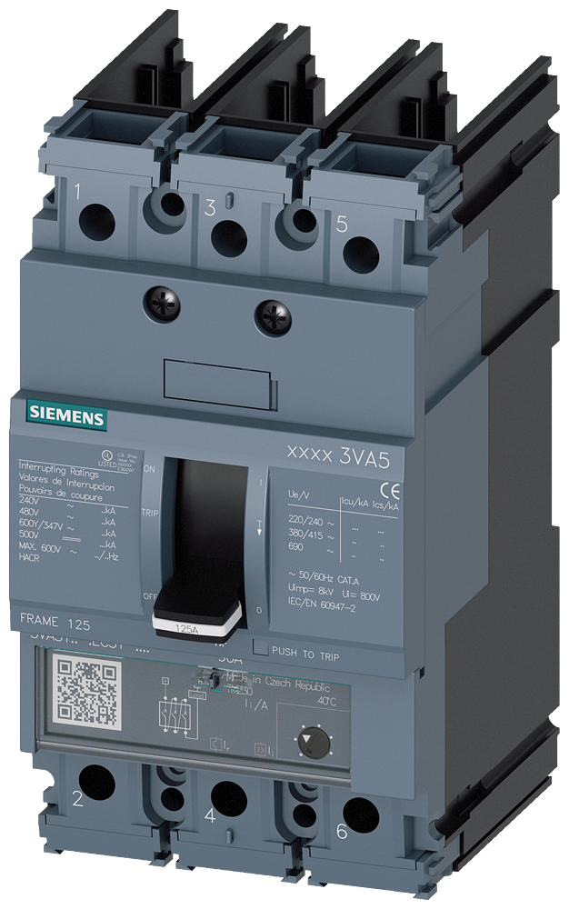 3VA5160-6EC31-0AA0 Siemens Molded Case Circuit Breaker With Thermal - Magnetic Trip Unit, 60A 3-Pole