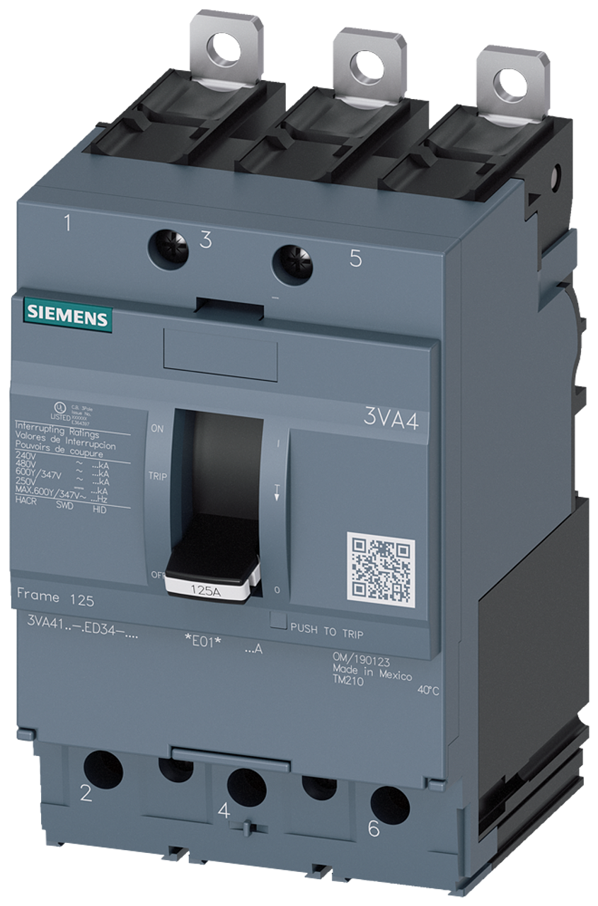 3VA4112-4ED34-0AA0 Siemens Molded Case Circuit Breaker With Thermal - Magnetic Trip Unit, 125A 3-Pole